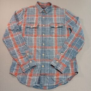 Lucky Brand True Indigo Mens Small Plaid Flannel Shirt Blue Orange 7MD41343